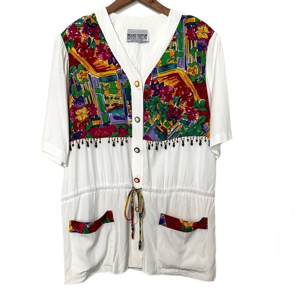 Vintage Brooke Chapman Wearable Art Painting Beaded Tie Waist Tunic